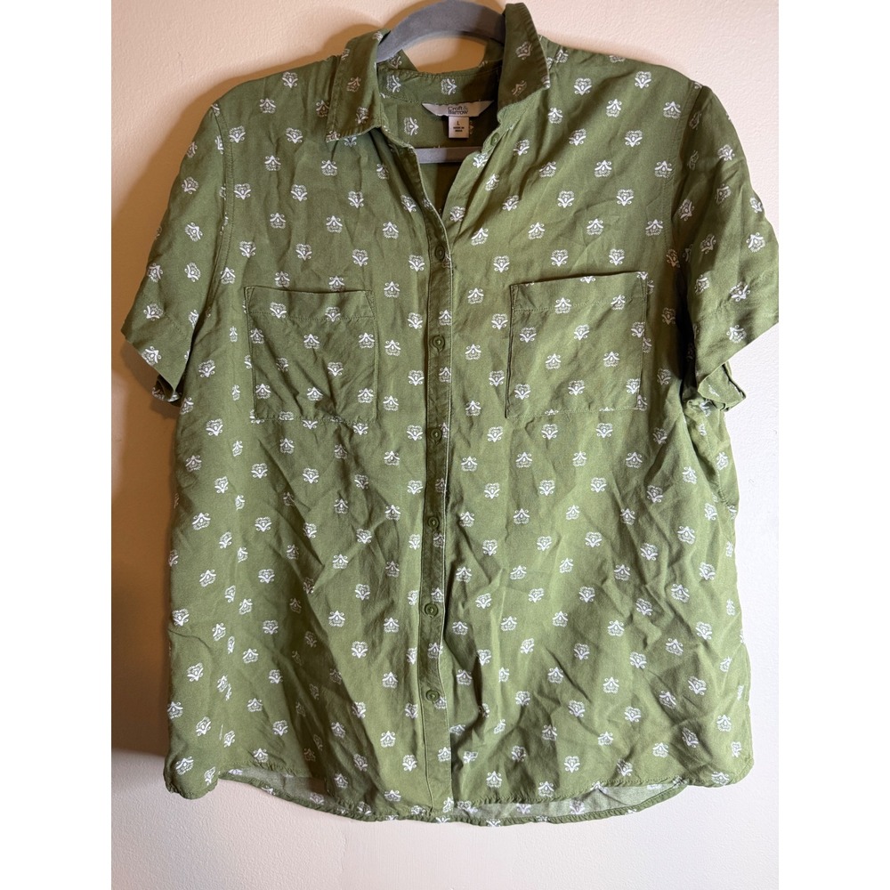 Croft & Barrow Olive Green Medallion Print Rayon Button Down Shirt Large